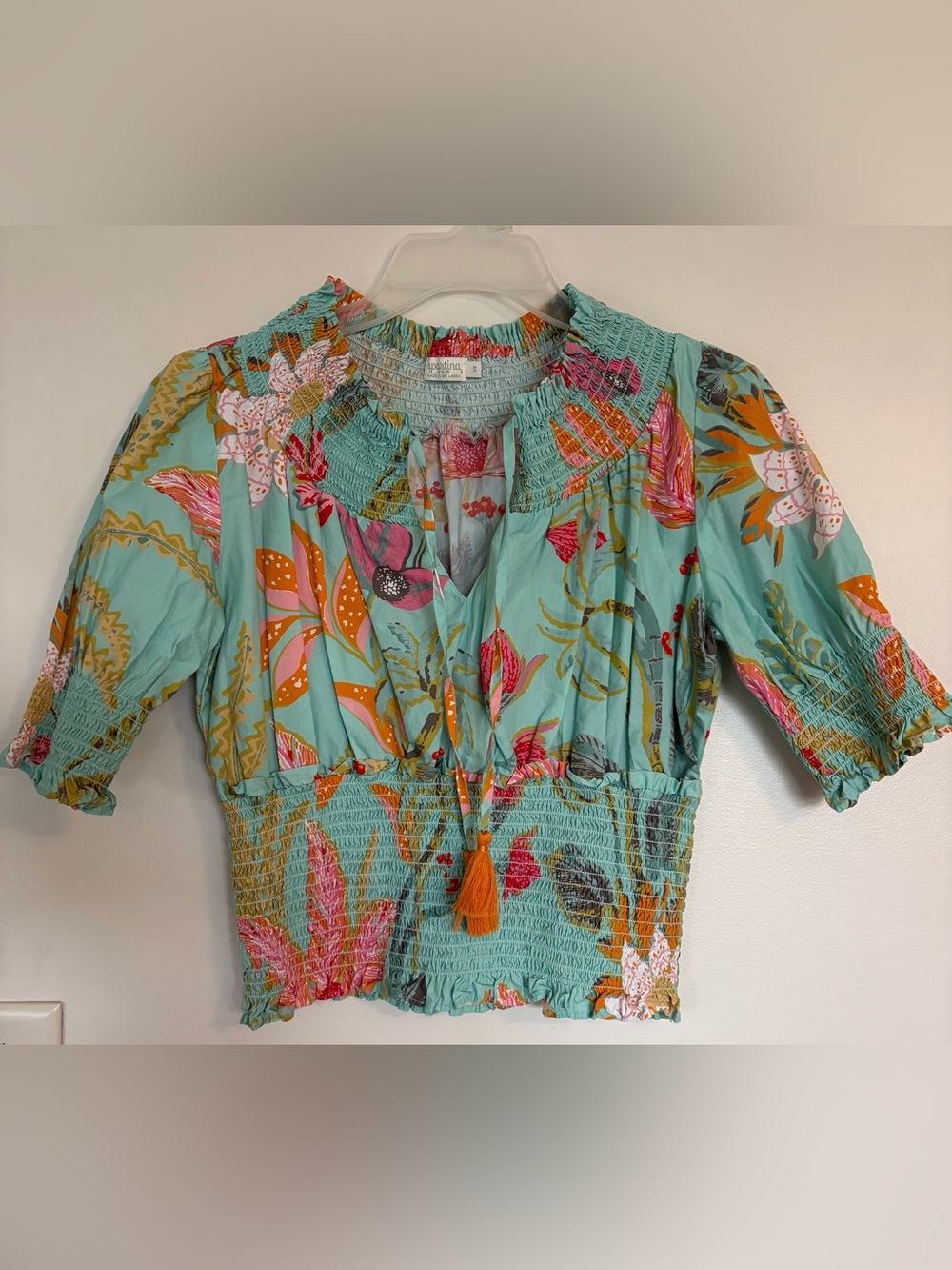 Spartina 449 Turquoise Floral Smocked Crop Blouse